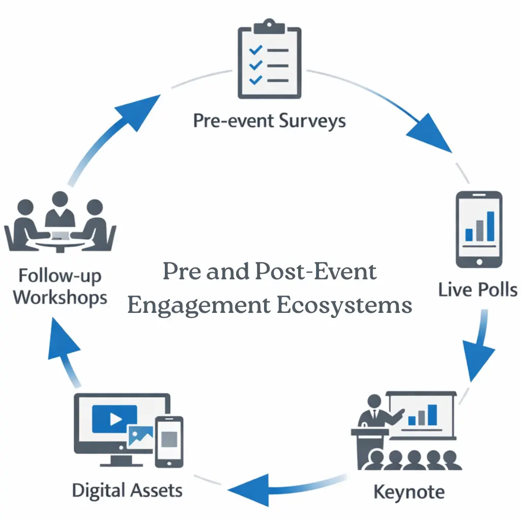 Pre and post-event engagement ecosystem cycle: surveys, live polls, keynote, digital assets, workshops