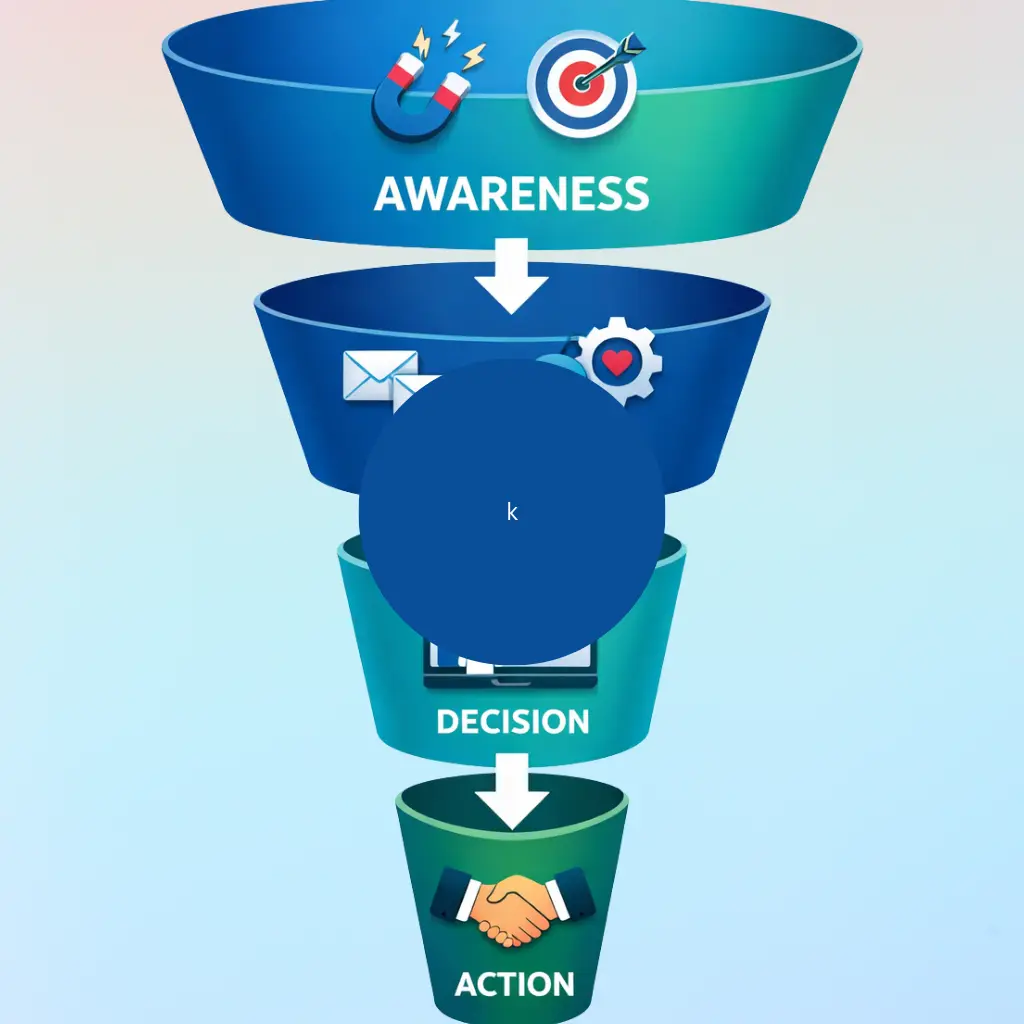 Marketing funnel stages awareness decision and action with icons and arrows infographic
