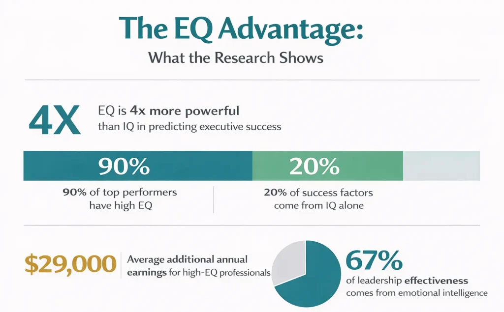 EQ advantage infographic showing 4x impact, 90% top performers, and leadership success stats