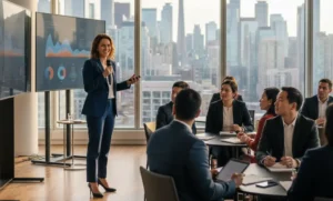 Corporate Speaking event with executive presenting data to business team in modern office setting