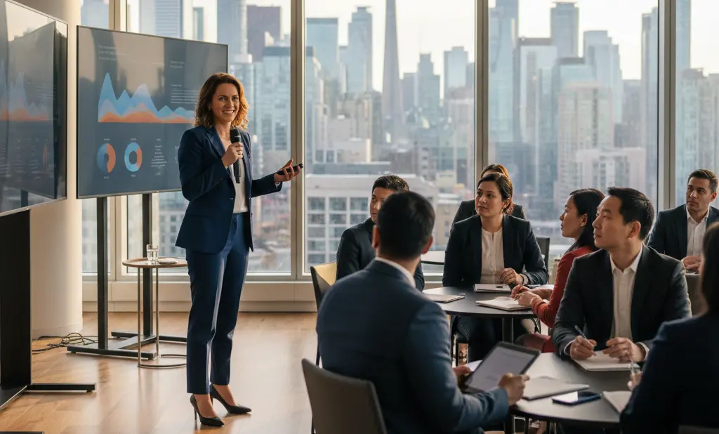 Corporate Speaking event with executive presenting data to business team in modern office setting