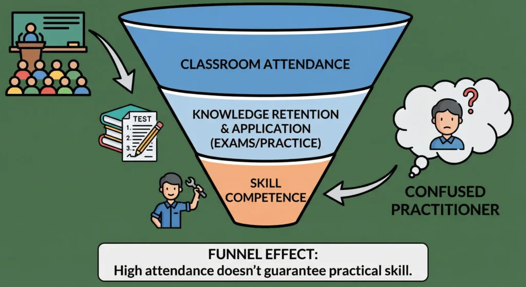Funnel diagram showing classroom attendance narrowing to skill competence confused NLP practitioners