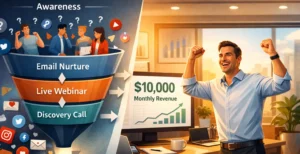 Marketing Funnel infographic showing awareness, webinar, discovery call to $10,000 monthly revenue