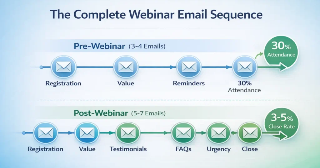 Webinar email sequence infographic with pre and post webinar emails and conversion rates