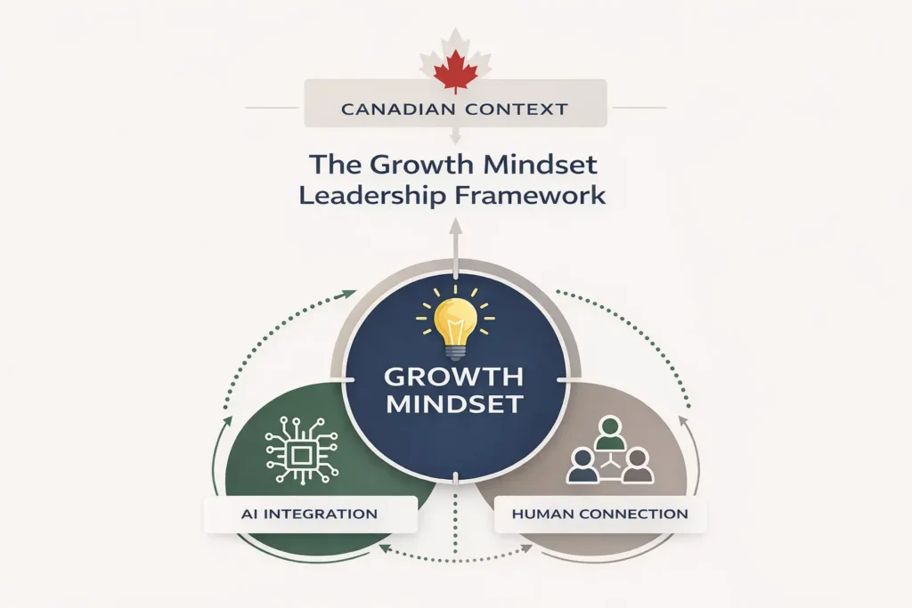 Growth mindset leadership framework in Canadian context with AI integration and human connection