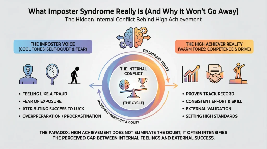 Imposter syndrome caused by conflict between achieving and doubting parts
