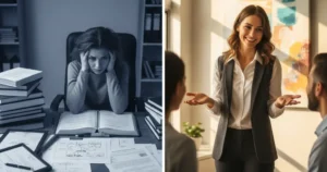 Split image shows stressed learner alone versus confident coach leading group, NLP Certification use