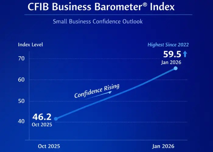 CFIB Business Barometer Index chart shows small business confidence rising from 46.2 to 59.5 by 2026