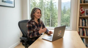 High-Margin Service Models example showing a professional coach hosting an online session on a laptop at home