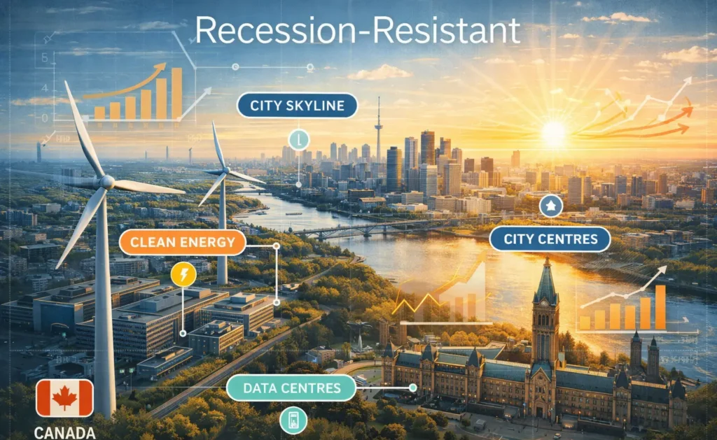 Recession-resistant sectors in Canada showing clean energy, data centres, and city growth trends infographic