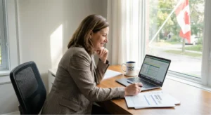 Woman analyzing data on laptop at home office with Canada flag, tracking Interest Rate trends and reports