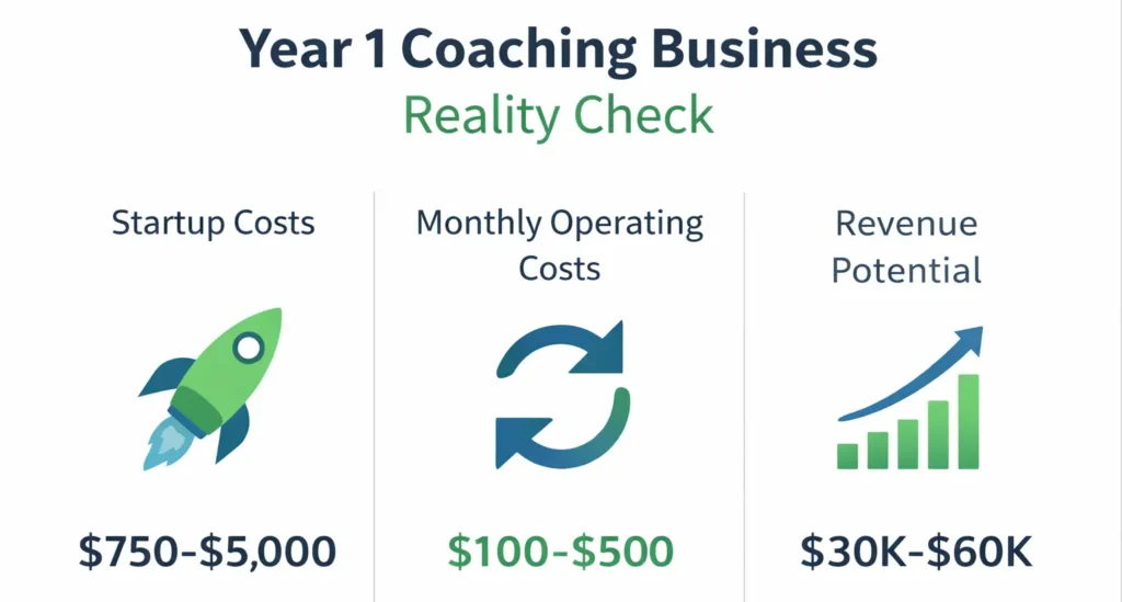 Year 1 coaching business reality check infographic showing startup costs, monthly costs, and revenue potential