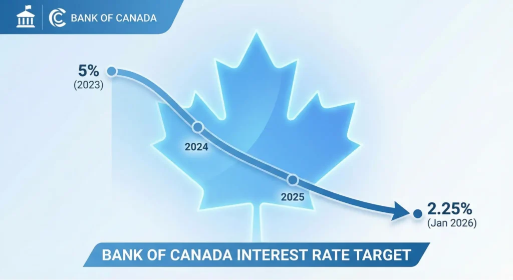 Bank of Canada interest rate trend falls from 5% in 2023 to 2.25% by Jan 2026 infographic