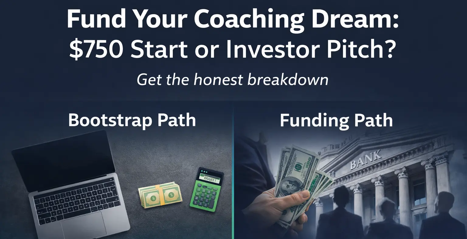 Business Plan infographic comparing bootstrap startup path vs investor funding for coaching business growth