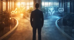 Life Coaching vs Therapy concept showing career growth and mental wellness paths in a modern office setting