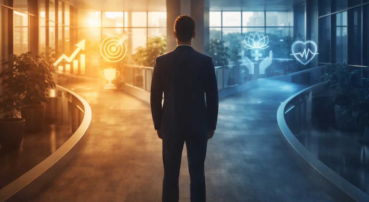 Life Coaching vs Therapy concept showing career growth and mental wellness paths in a modern office setting