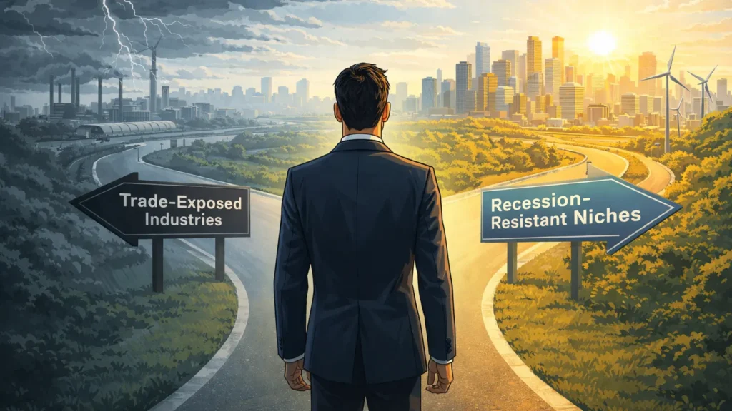 Business choosing path between trade-exposed industries and recession-resistant niches in economic shift
