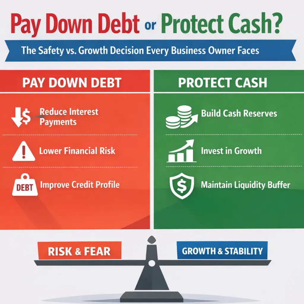 Pay down debt vs protect cash infographic showing risk, growth, liquidity, and financial strategy choices