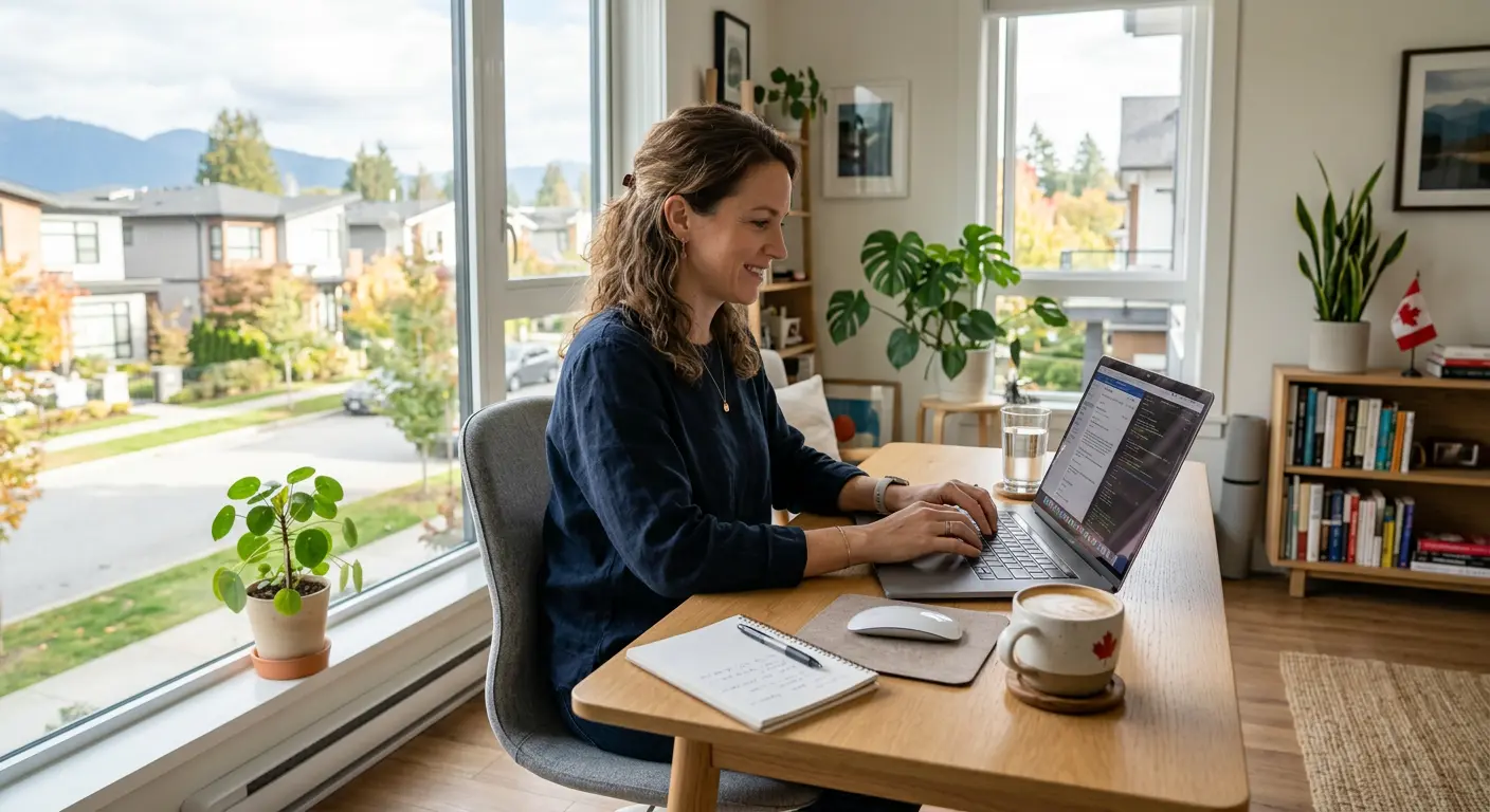 Low-Capital home business setup with woman working on laptop in bright workspace with plants and coffee