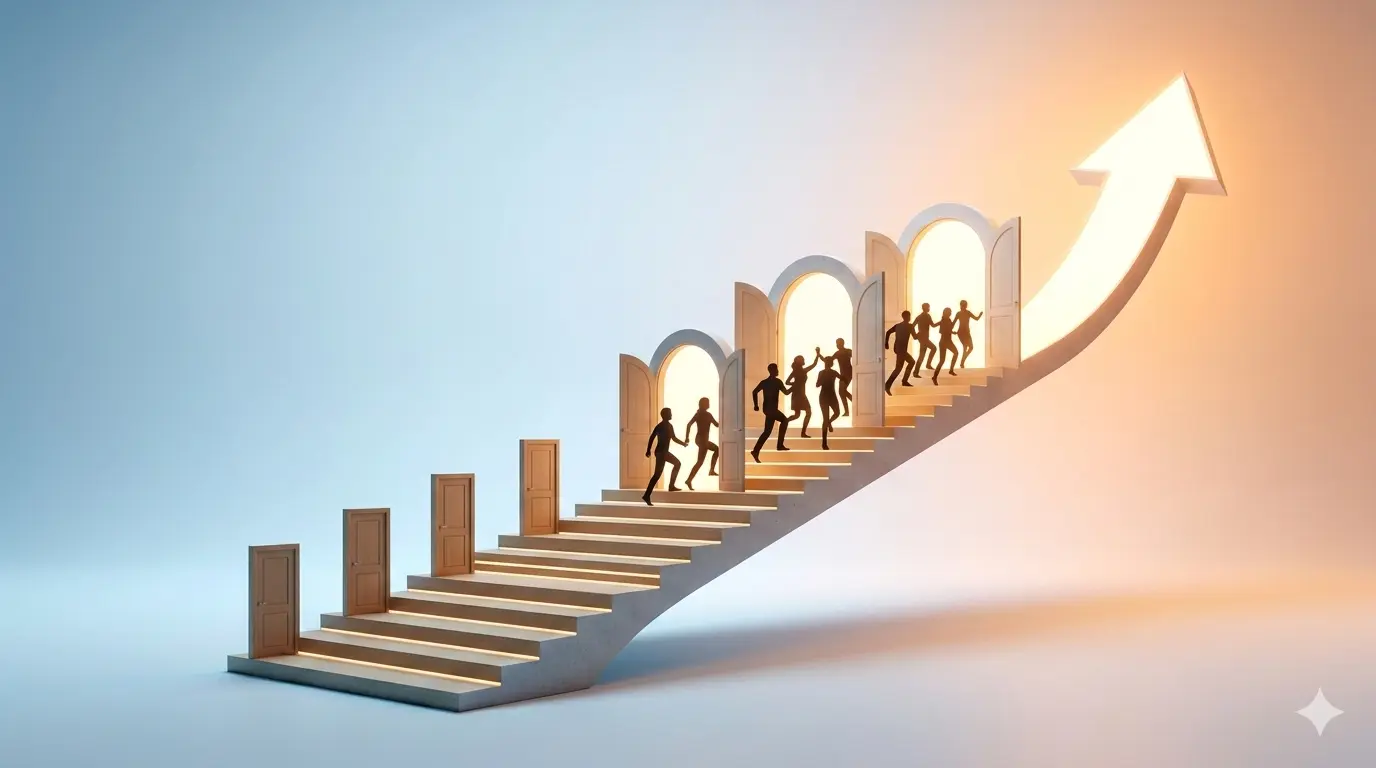 People climbing stairs through doors toward growth, symbolizing moving from 1-on-1 coaching to scalable success