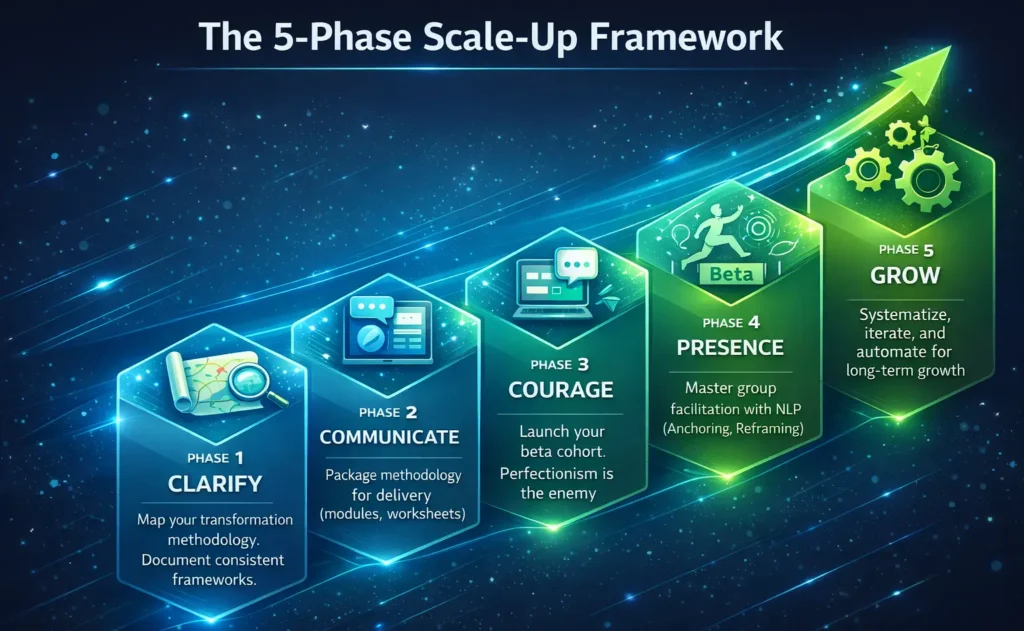 5-Phase Scale-Up Framework infographic showing clarify, communicate, courage, presence, and grow stages.