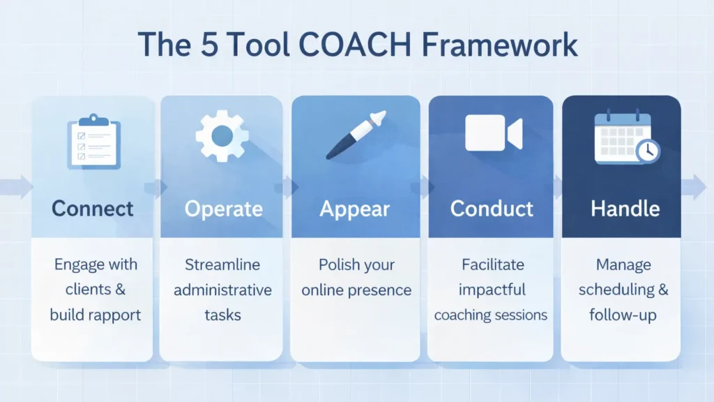 The 5 Tool COACH framework infographic showing connect, operate, appear, conduct, and handle steps for coaches