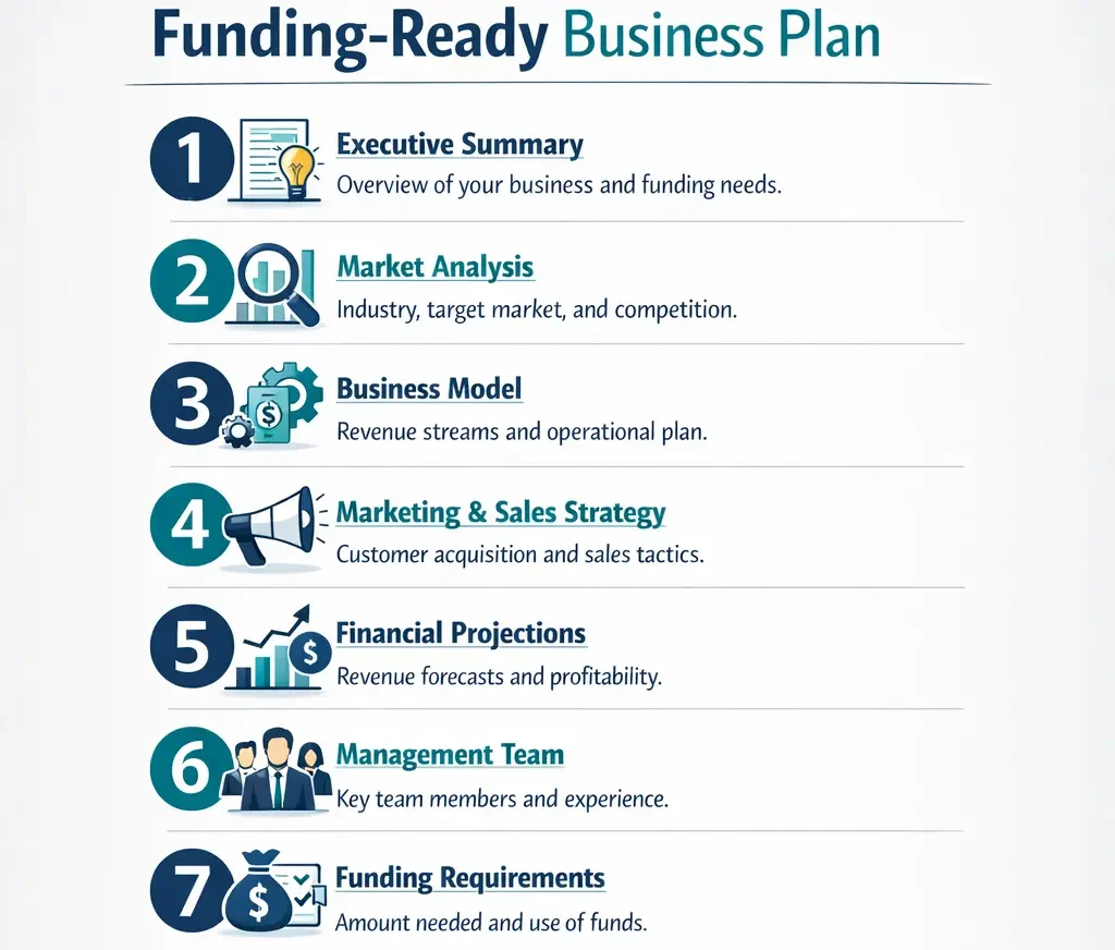Funding-ready business plan infographic showing seven sections: summary, market, model, marketing, finance.