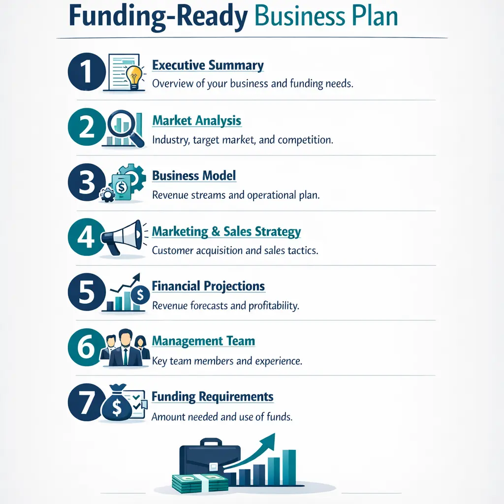 Funding-ready business plan infographic showing seven sections: summary, market, model, marketing, finance.