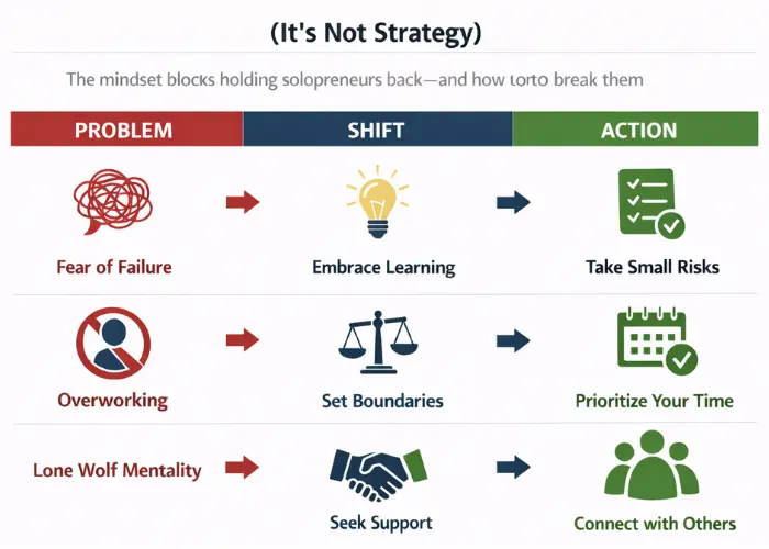 Mindset blocks chart showing problem, shift, and action steps for solopreneurs to overcome growth barriers
