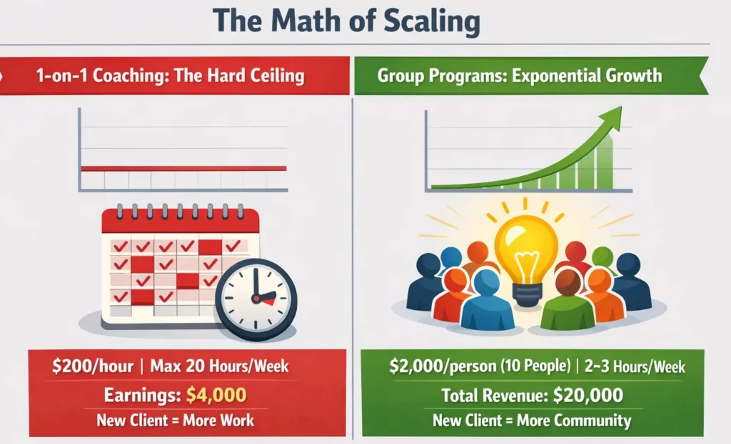 Infographic showing math of scaling coaching from 1-on-1 limits to higher revenue with group programs growth
