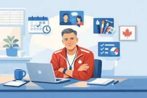 Modern coach using laptop with planning icons, highlighting software tools for running a coaching business