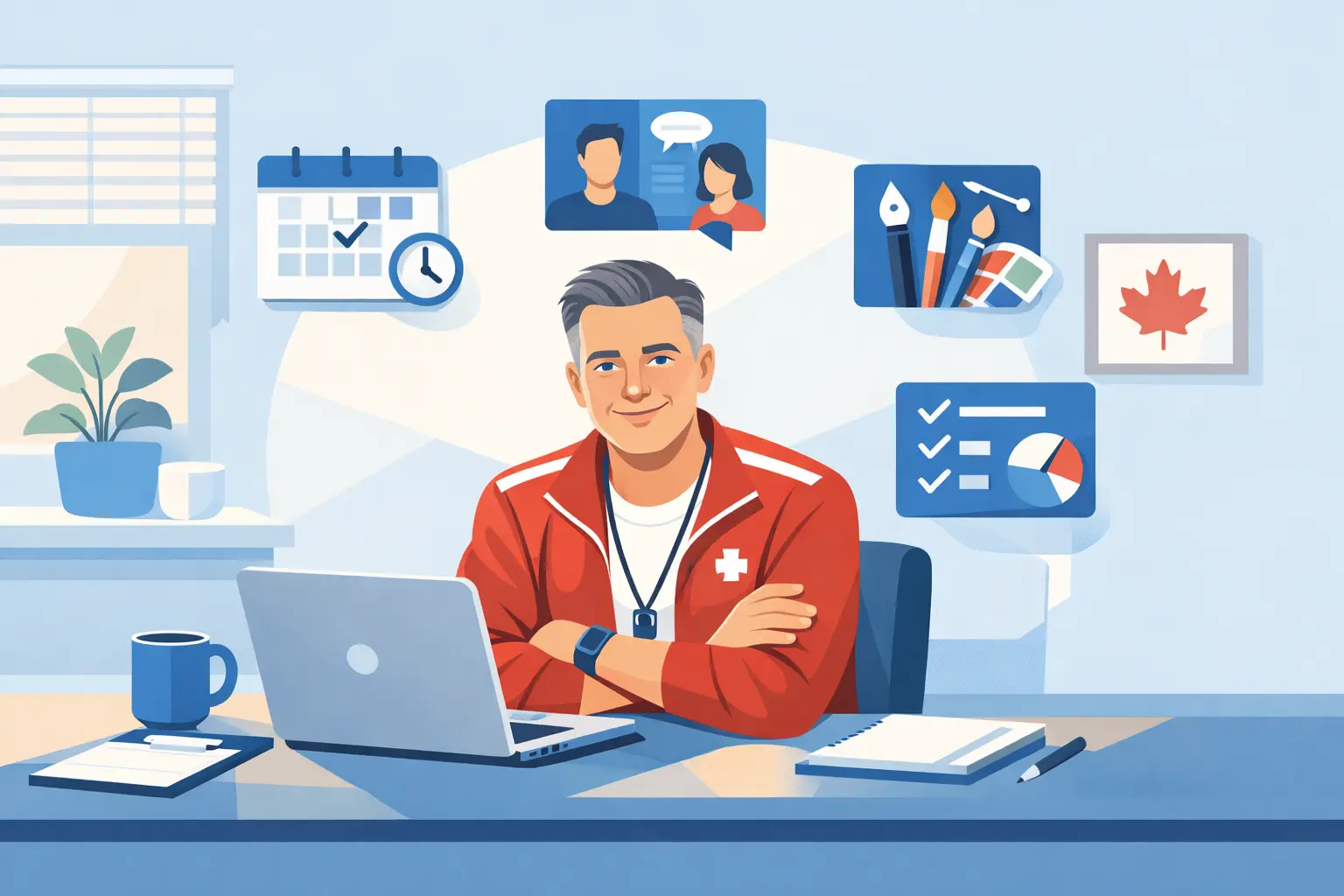 Modern coach using laptop with planning icons, highlighting software tools for running a coaching business