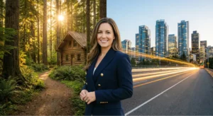 Venture Capital vs bootstrapping concept showing woman between forest cabin and modern city growth path