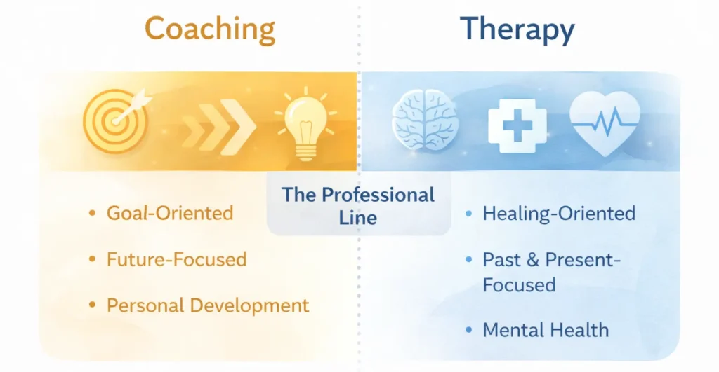 Life Coaching vs Therapy comparison chart showing goal-oriented coaching and healing-focused therapy roles