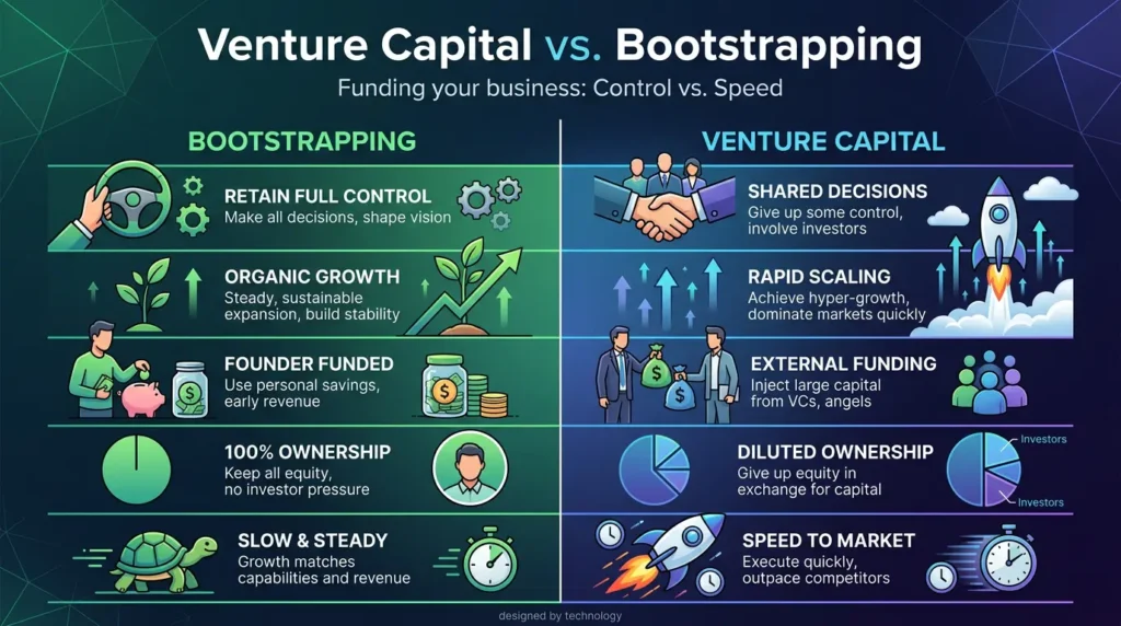Venture Capital vs Bootstrapping comparison showing control, growth, funding, ownership, and scaling differences