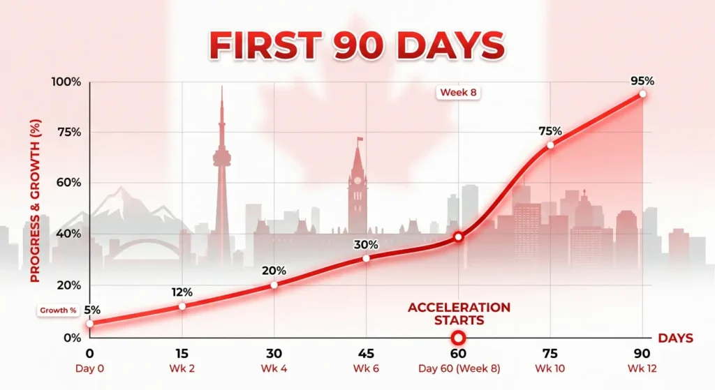 First 90 days growth chart shows steady progress, acceleration at week 8, reaching 95% by day 90
