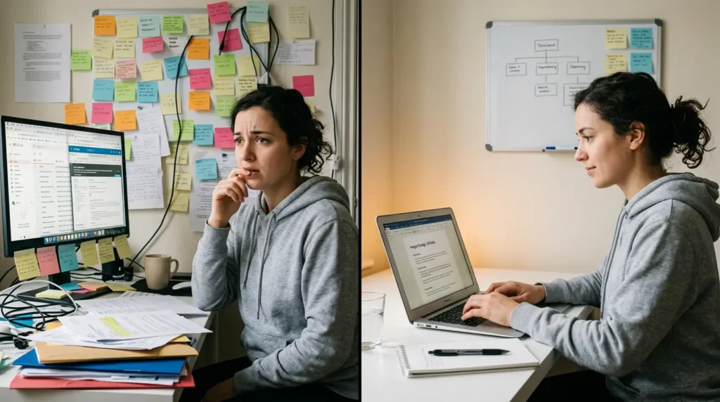 Split scene shows messy stressful workspace vs clean organized desk improving productivity and focus
