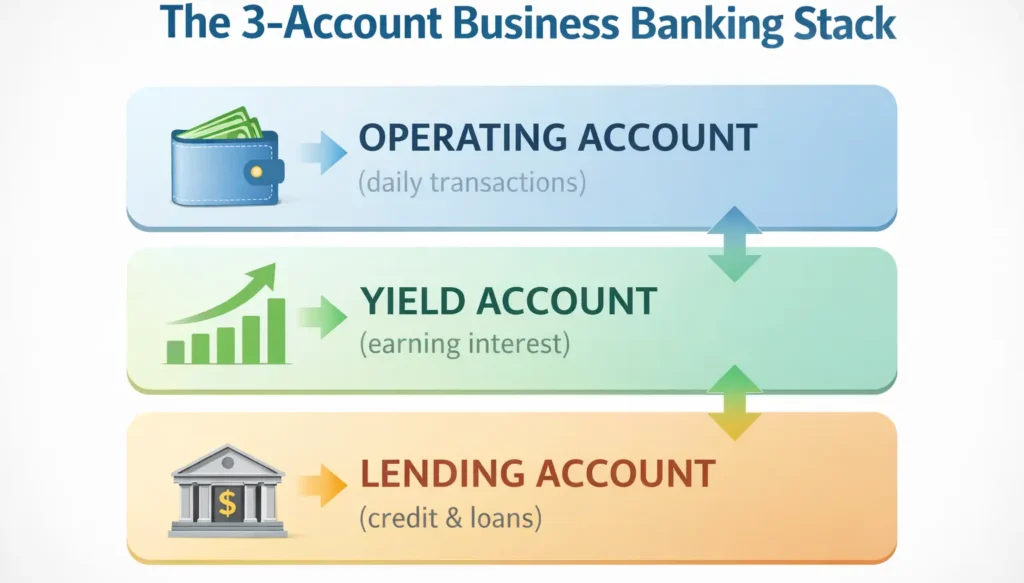 3 account business banking stack infographic showing operating account for transactions, yield account for earning interest, and lending account for credit and loans