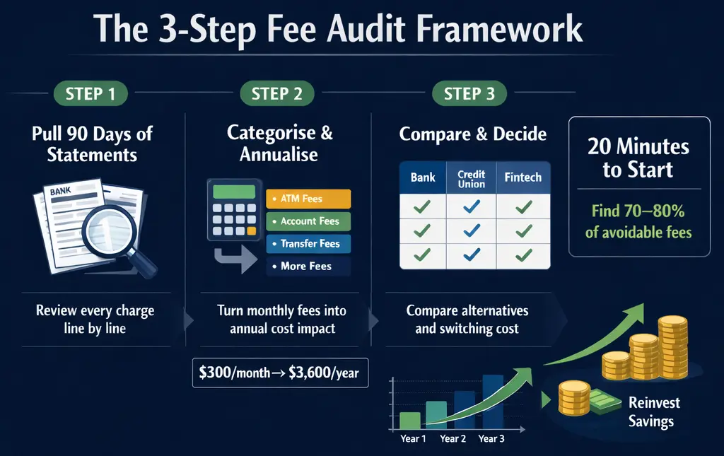 3-step fee audit framework for Canadian businesses showing how to review 90 days of statements, annualize hidden bank fees, compare credit unions and fintech options, and reduce avoidable banking costs