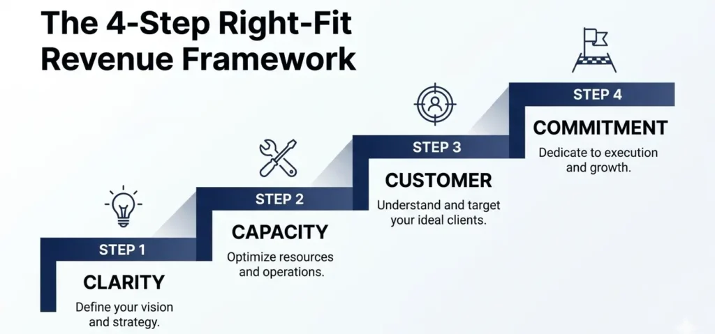 The 4-Step Right-Fit Revenue Framework: 1 Clarity, 2 Capacity, 3 Customer, and 4 Commitment