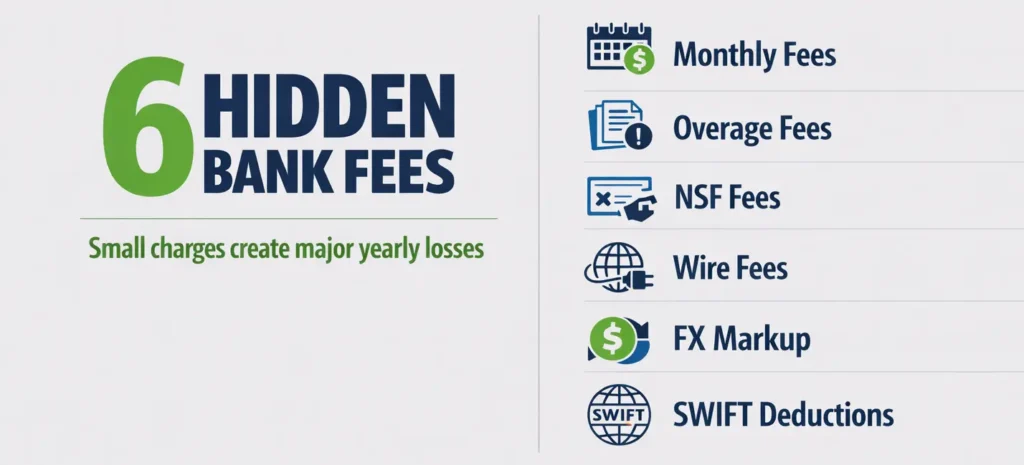 infographic showing 6 hidden bank fees in Canada including monthly fees, transaction overage fees, NSF charges, wire fees, FX markup, and SWIFT deductions that increase yearly business costs