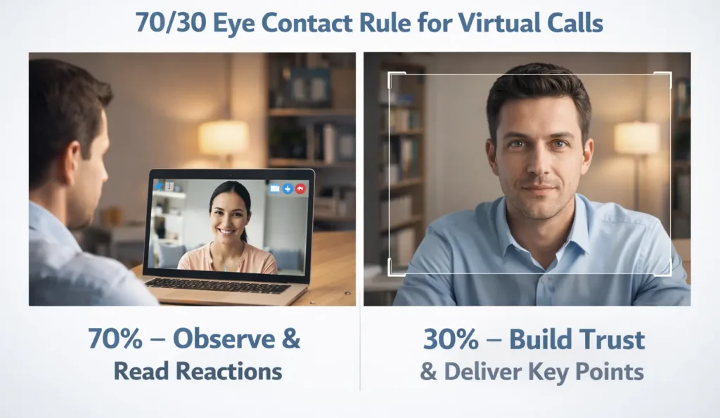 70 percent observe reactions and 30 percent build trust eye contact rule explained for virtual calls and video meetings