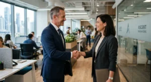 Business partners handshake in office during Exit strategy planning and successful deal completion
