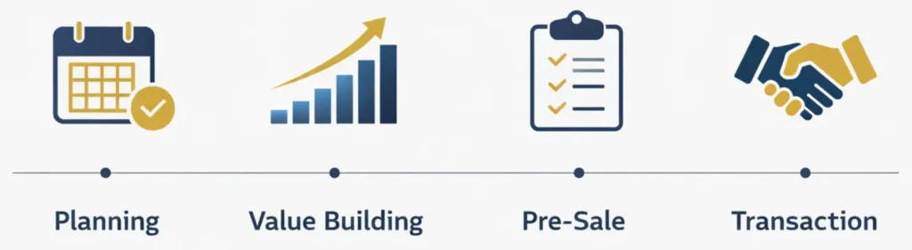 Exit planning timeline with stages: planning, value building, pre-sale preparation, and final transaction