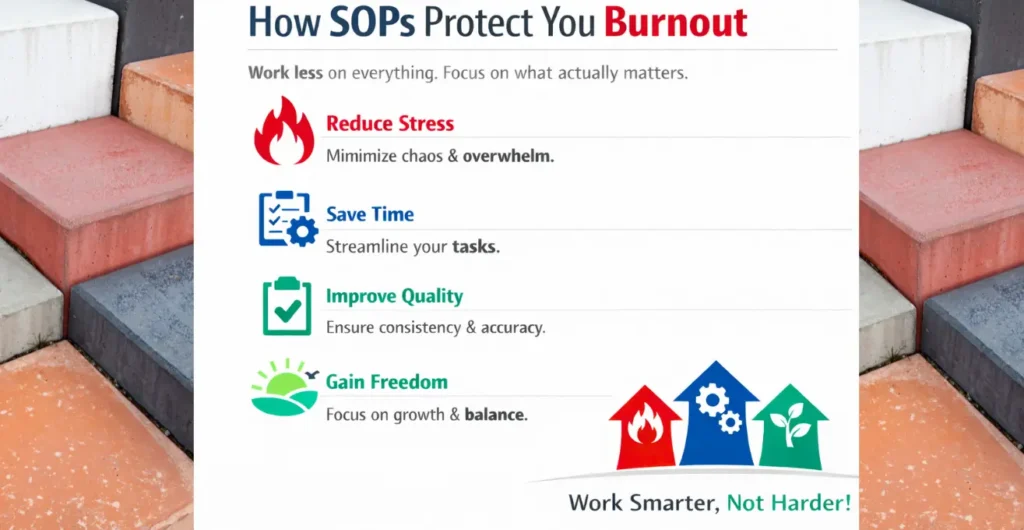 How SOPs prevent burnout by reducing stress, saving time, improving quality, and supporting balance