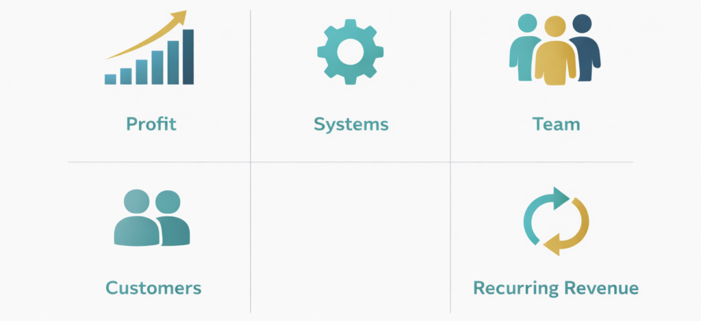 Business valuation factors: profit, systems, team, customers, and recurring revenue growth drivers