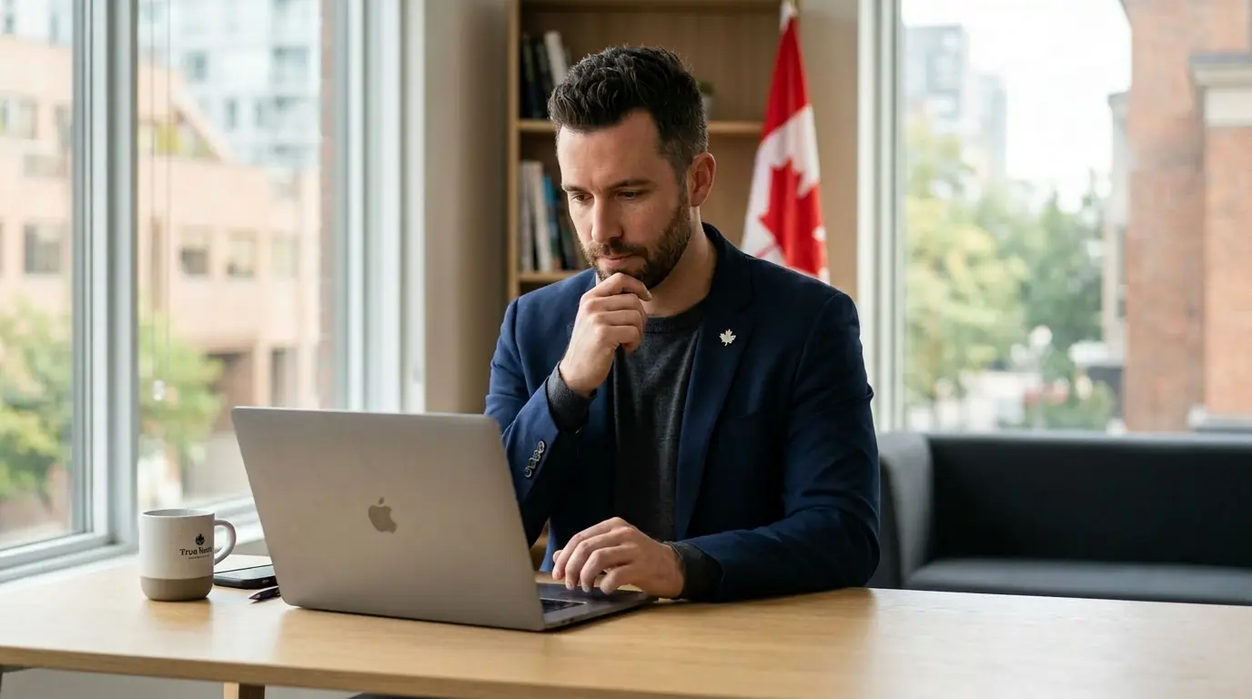 Business owner reviewing finances on laptop, planning Passive Income strategy in modern office setting