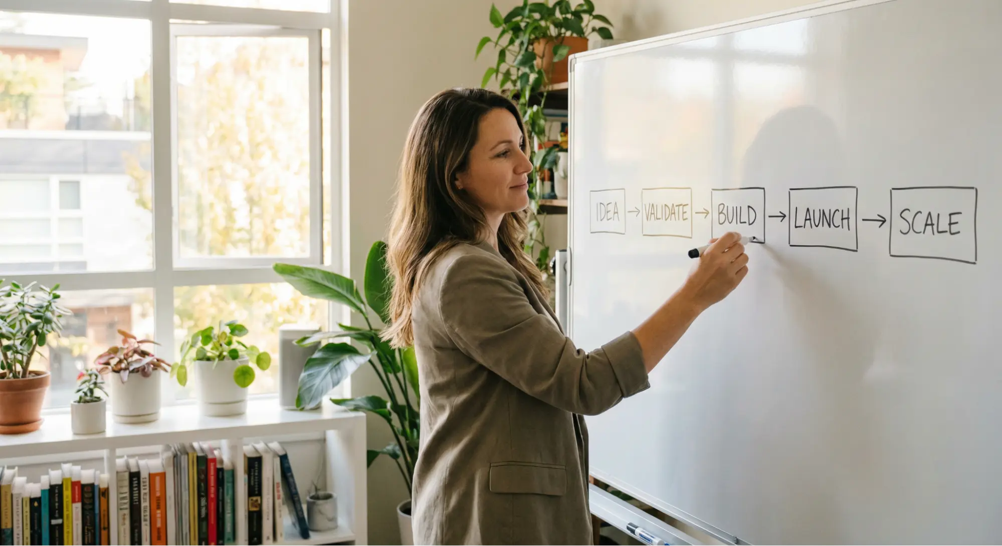 Businesswoman outlining Standard Operating Procedures workflow from idea to scale on whiteboard