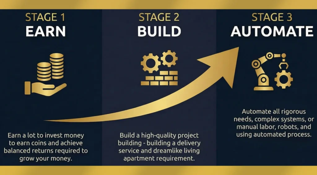 Three stage income architecture showing earn build automate process with growth arrow diagram visual
