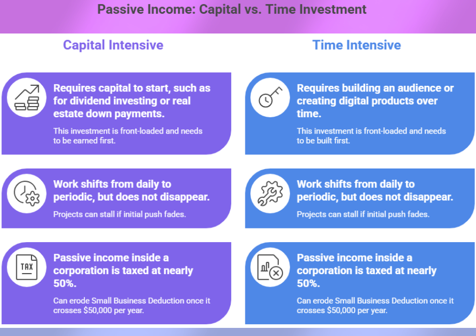 Passive Income comparison showing capital intensive vs time intensive investment strategies chart.
